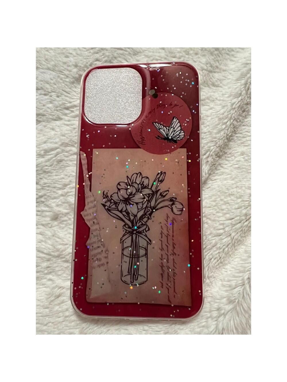 Red Glitter Butterfly Floral Phone Case for iPhone 13 Pro Max